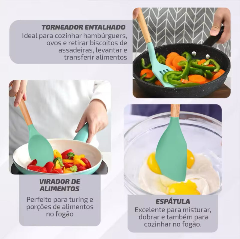 Jogo de cozinha 12 peças silicone com cabo de madeira