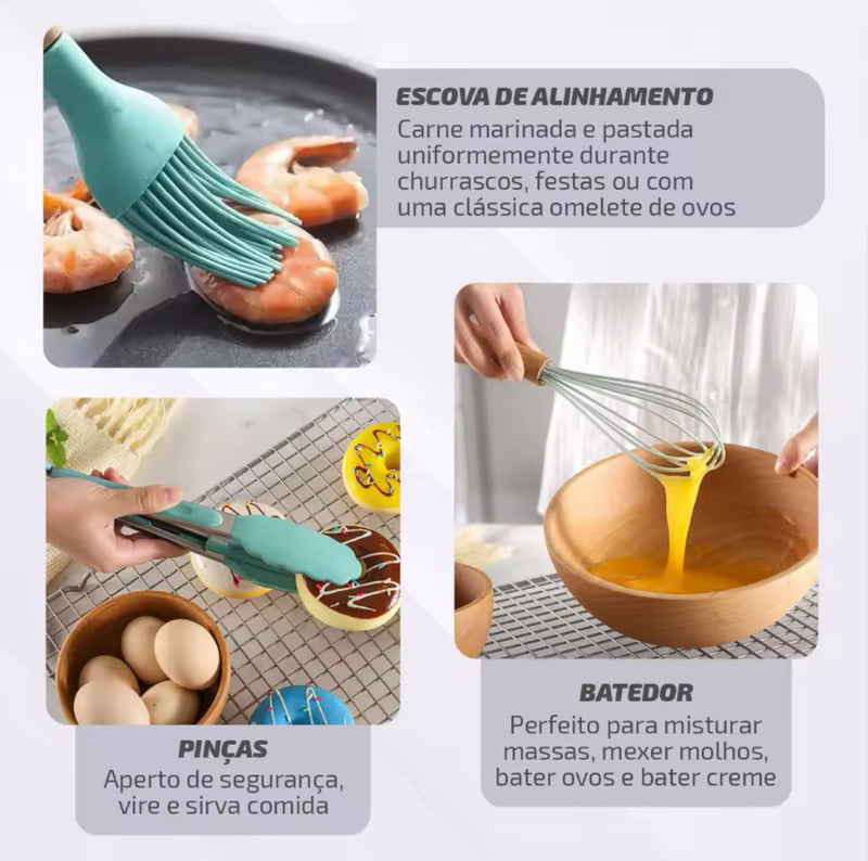 Jogo de cozinha 12 peças silicone com cabo de madeira