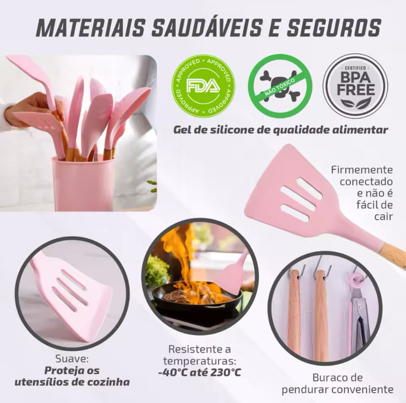 Jogo de cozinha 12 peças silicone com cabo de madeira